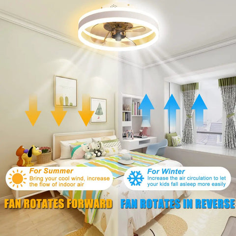 Dope 16 Inch Bladeless Ceiling Fan with Lights Remote And App Control in bedroom showing summer and winter modes