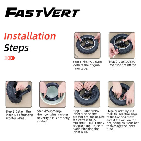 Installation steps for Beefed Up Two Pack Thick 10x2.5 Inner Tubes For Electric Scooters And Mini Bikes With 45 Degree Valve