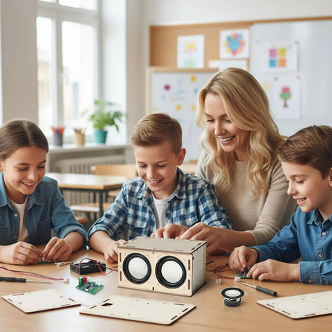 Kids building a wooden DIY speaker with adult, using Hands On DIY Electronics Kit For Kids And Teens Build A Speaker Learn Circuits And Sound STEM Project Gift For Ages 7 8 9 10 11 12 13 14 15 Plus Great Summer Camp Activity And Cool Tech Gadget in classroom.