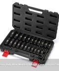 Open case displaying 1/2 Inch Drive Deep Impact Socket Set Built Tough With CR-V Steel For Heavy Duty Use, sockets from 12-24mm.