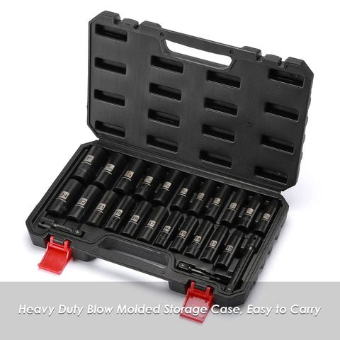 Open case displaying 1/2 Inch Drive Deep Impact Socket Set Built Tough With CR-V Steel For Heavy Duty Use, sockets from 12-24mm.