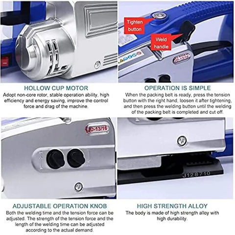 Powerful Portable Electric Strapping Machine With Battery Power For Pet Pp Straps showing motor, controls, and operation details.