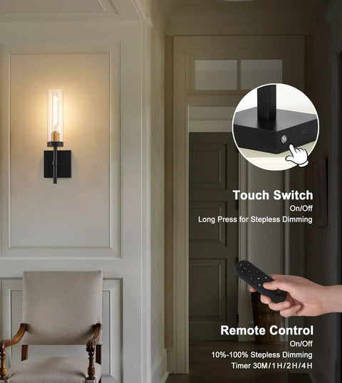 Battery Powered Wireless Wall Sconces With Remote Control Set Of 2 No Wiring Needed Black And Gold Dimmable LED in hallway