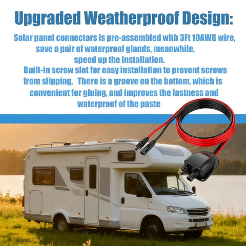 Solar Cable Entry Gland Kit With 10ft 10AWG Solar Extension Cable MC4 Connectors And Weatherproof Junction Box For RV Boat Camper Van Installations Tinned Copper Wire For Quick Easy Setup, shown with RV