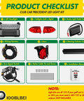 Product checklist for Ready Rollin Premium Golf Cart Led Light Kit Compatible With Club Car Precedent 2004 Up models.