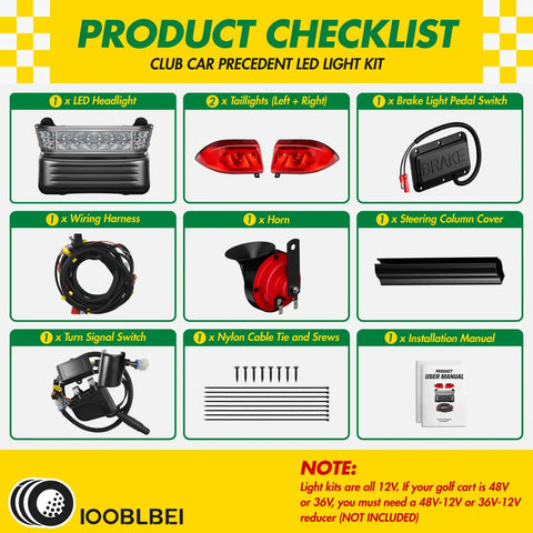 Product checklist for Ready Rollin Premium Golf Cart Led Light Kit Compatible With Club Car Precedent 2004 Up models.
