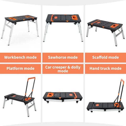 7-in-1 Folding Workbench With Wheels Portable Workshop Station in different modes for Garage Jobsite Woodworking And DIY Projects