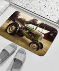 Thick Soft Absorbent Old Tractor Photo Farm Bath Rug with Non Slip Backing on marble floor with slippers and basket nearby.