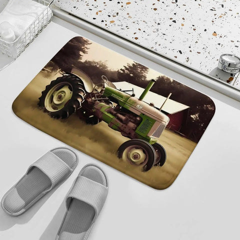 Thick Soft Absorbent Old Tractor Photo Farm Bath Rug with Non Slip Backing on marble floor with slippers and basket nearby.