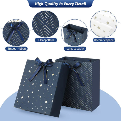 Four Pack 9 Inch Gift Bags In Premium Blue With Tissue Paper Medium Size 7x4x9 Inches, star pattern, smooth ribbon