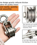 Heavy Duty Stainless Steel Snatch Block Pulley System With Double Grooves And Built In Bearings, 25m/8mm Rope, Tough As Nails For Lifting, Kayak Prep, Garage Projects, Winch, Hunting, And 1100lb Loading. dual-groove stainless steel snatch block in hand