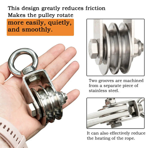 Heavy Duty Stainless Steel Snatch Block Pulley System With Double Grooves And Built In Bearings, 25m/8mm Rope, Tough As Nails For Lifting, Kayak Prep, Garage Projects, Winch, Hunting, And 1100lb Loading. dual-groove stainless steel snatch block in hand