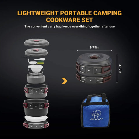 Ultra Light Camping Cookware Mess Kit With Lightweight Aluminum Pots Pans Kettle And BPA Free Bowls Plates packed and bagged