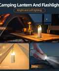 LED Camping Lantern With Up To 350 Hours Of Rechargeable Battery Life Four Modes on a wooden table during camping trip