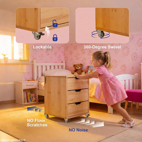 Heavy Duty 1.5 Inch Threaded Stem Caster Wheels With M8x20mm Swivel Screw Base support a wooden drawer unit in a child’s room.