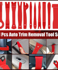 11-piece auto trim removal tool set with red plastic wedges for car maintenance