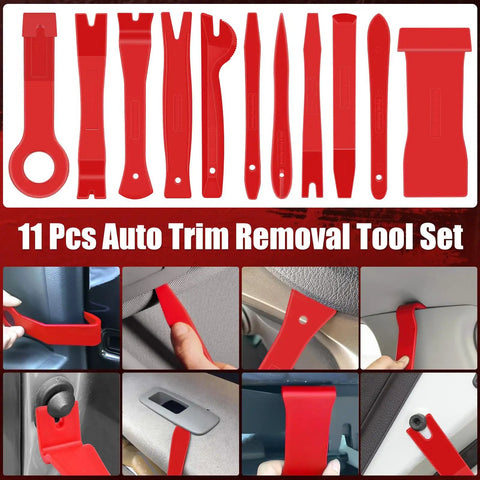 11-piece auto trim removal tool set with red plastic wedges for car maintenance