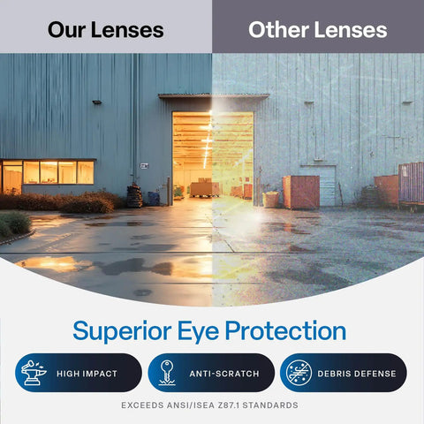Comparison showing Dorado Safety Glasses With Dual Lenses ANSI Z87 Plus Blue Light Blocking UV Protection And Anti Scratch Coating in use.