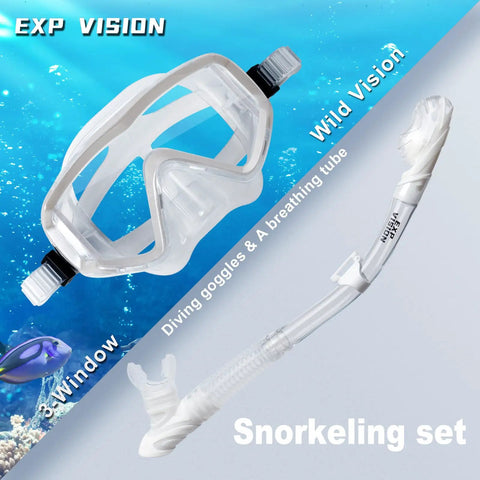 Panoramic 3 Window Snorkel Mask Set for Adults Pro Grade Anti Fog Anti Leak Dry Top Diving Gear with Hypoallergenic Silicone Skirt