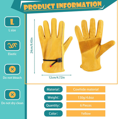 Product information for Six Pairs Tough As Nails Large Cowhide Leather Work Gloves With Reinforced Palm And Stretchable Wrist