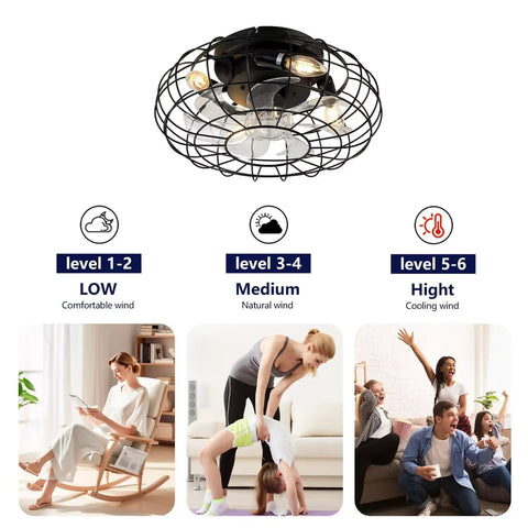 15.7" Flush Mount Caged Ceiling Fan with Light, Industrial Reversible 6-Speed DC Fan with Remote, Black Wire Cage Ceiling Fan, E12 Light Sockets (Bulbs Excluded) for Indoor Bedroom Kitchen with wind levels.