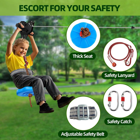 Child using Backyard Zipline Kit 60Ft For Kids And Adults Up To 400 Lbs With Quick Tighten Trolley Removable Design Thickened Seat Safety Lanyard And Belt Outdoors