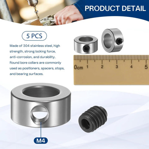 Set Screw Shaft Collars 10mm Bore 17mm OD 8mm Width 5 Pack 304 Stainless Steel Locking Collars displayed next to ruler and screw