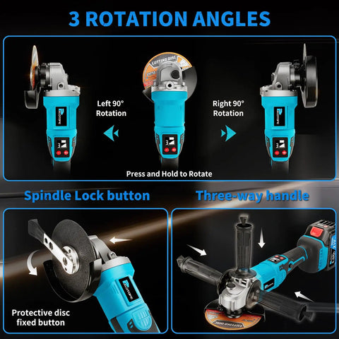 Cordless 5 Inch Angle Grinder Kit With 2x6.0Ah Batteries 125mm 10000 RPM Brushless Motor Portable Electric Grinder showing rotation angles and features.