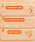 Usage and maintenance notes for Pro Electric Polymer Clay Press Machine, including cleaning tips, clay operation guidelines, and safety rules.