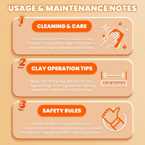 Usage and maintenance notes for Pro Electric Polymer Clay Press Machine, including cleaning tips, clay operation guidelines, and safety rules.