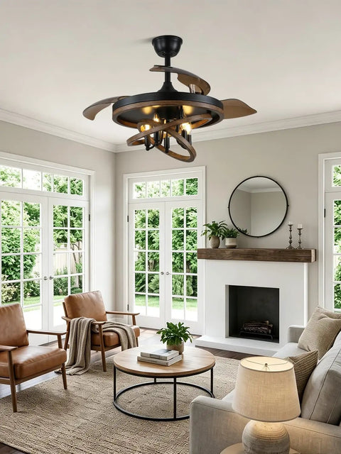Bella Depot 42" Rustic Retractable Ceiling Fan with Lights and Remote in a stylish living room with modern decor.