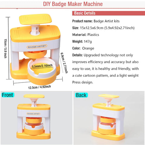 Effortless DIY Pin Button Maker Kit For Creative Kiddos, Smooth 2.16 Inch Badge Press Machine in orange with easy user design.
