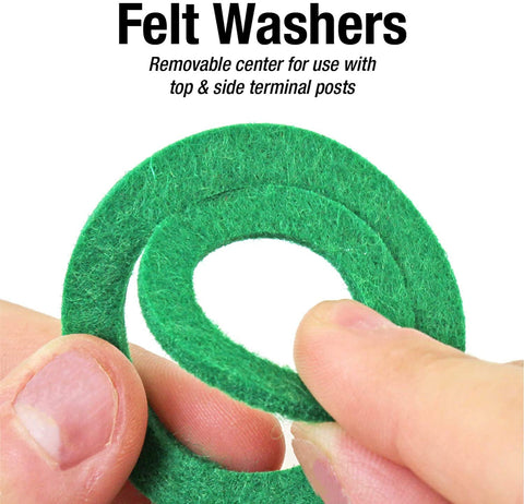 Close-up of green anti-corrosion felt washers for Color Coded Battery Terminal Clamps With Quick Release Connectors.
