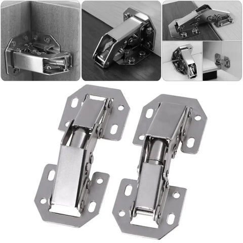 Hella Simple Install No Drill Furniture Hinges 10 Piece Set for Kitchen Cabinet Doors, stainless steel hinges shown in multiple angles.