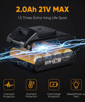 Visual of 2.0Ah 21V Max battery for 21V Max Cordless Drill Kit With Three Eighths Inch Metal Chuck and various protections.