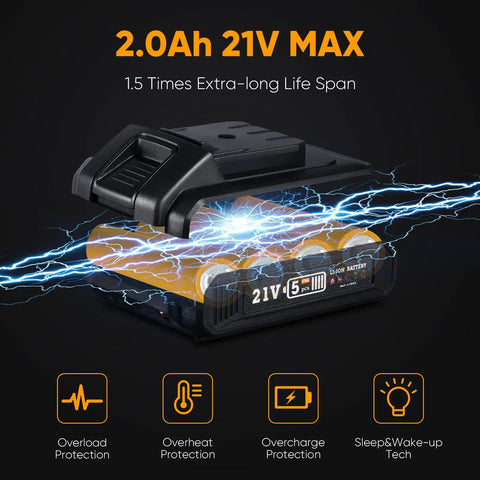 Visual of 2.0Ah 21V Max battery for 21V Max Cordless Drill Kit With Three Eighths Inch Metal Chuck and various protections.