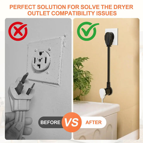 Comparison of three prong to four prong dryer adapter cord showing before and after use in home laundry outlet