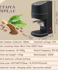 WLYPE Automatic Coffee Press With Adjustable Pressure 10-30kg, Electric Espresso Tamper dimensions and features display on beige background.