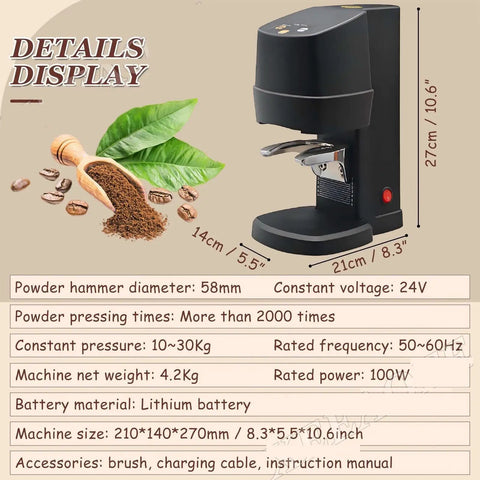 WLYPE Automatic Coffee Press With Adjustable Pressure 10-30kg, Electric Espresso Tamper dimensions and features display on beige background.