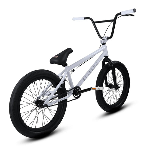 BMX Freestyle Bike With Durable Steel Frame In White, 20 Inch Model Included, side view showing black wheels and handlebars.