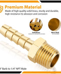 Close-up of Four Pack Brass Hose Barb Fittings One Quarter Inch Barb To One Quarter Inch NPT Male Thread, CA360 Brass