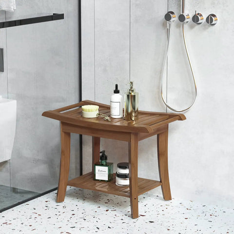 Space Saving Bamboo Shower Stool With Built In Storage Shelf For Bathroom, Waterproof Spa Chair For All Ages, Unisex Bath Bench