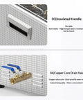 Insulated handle and copper core drain valve of the Top Shelf Badass Ultrasonic Vinyl Record Washer for efficient cleaning.