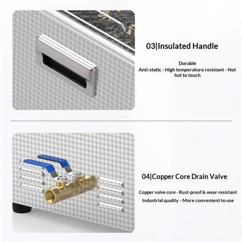Insulated handle and copper core drain valve of the Top Shelf Badass Ultrasonic Vinyl Record Washer for efficient cleaning.