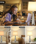 Woman using laptop on desk with Set Of 2 Modern Table Lamps For Living Room And Bedroom With USB C And USB A Charging Ports