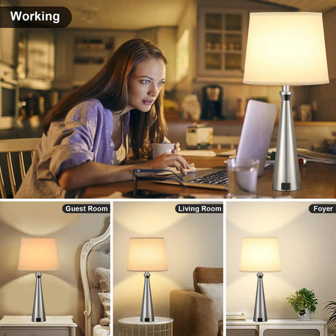 Woman using laptop on desk with Set Of 2 Modern Table Lamps For Living Room And Bedroom With USB C And USB A Charging Ports