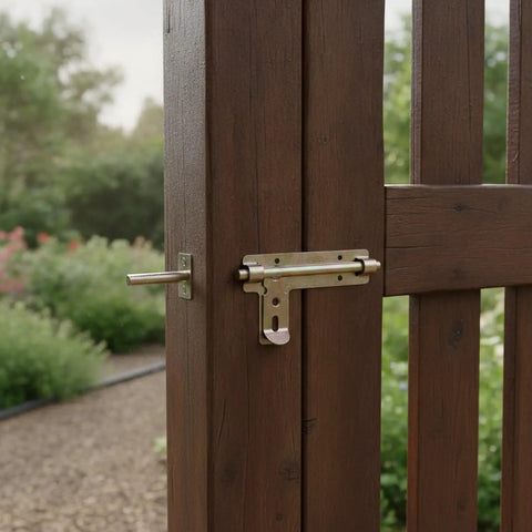 Vihyrax Gate Latch Slide Bolt Lock, 1 PC installed on a wooden gate, featuring a galvanized steel finish for outdoor use.