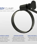 EZYCLAMP worm drive hose clamp on black flexible PVC adapter, Tubular To 2 Inch Drain Pipe Flexible Adapter Coupling With EZYCLAMP Tool Free Bands, Fits 1.25 Or 1.5 Inch Tubular Piping Into 2 Inch DWV System, Quick Hand Tighten, No Screwdrivers, Glue Or Hardware, Easy Home Plumbing Fix