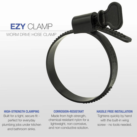 EZYCLAMP worm drive hose clamp on black flexible PVC adapter, Tubular To 2 Inch Drain Pipe Flexible Adapter Coupling With EZYCLAMP Tool Free Bands, Fits 1.25 Or 1.5 Inch Tubular Piping Into 2 Inch DWV System, Quick Hand Tighten, No Screwdrivers, Glue Or Hardware, Easy Home Plumbing Fix