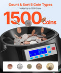 Heavy Duty US Coin Counter Sorter And Wrapper Machine Handles 5 Denominations with coins entering hopper and display panel.